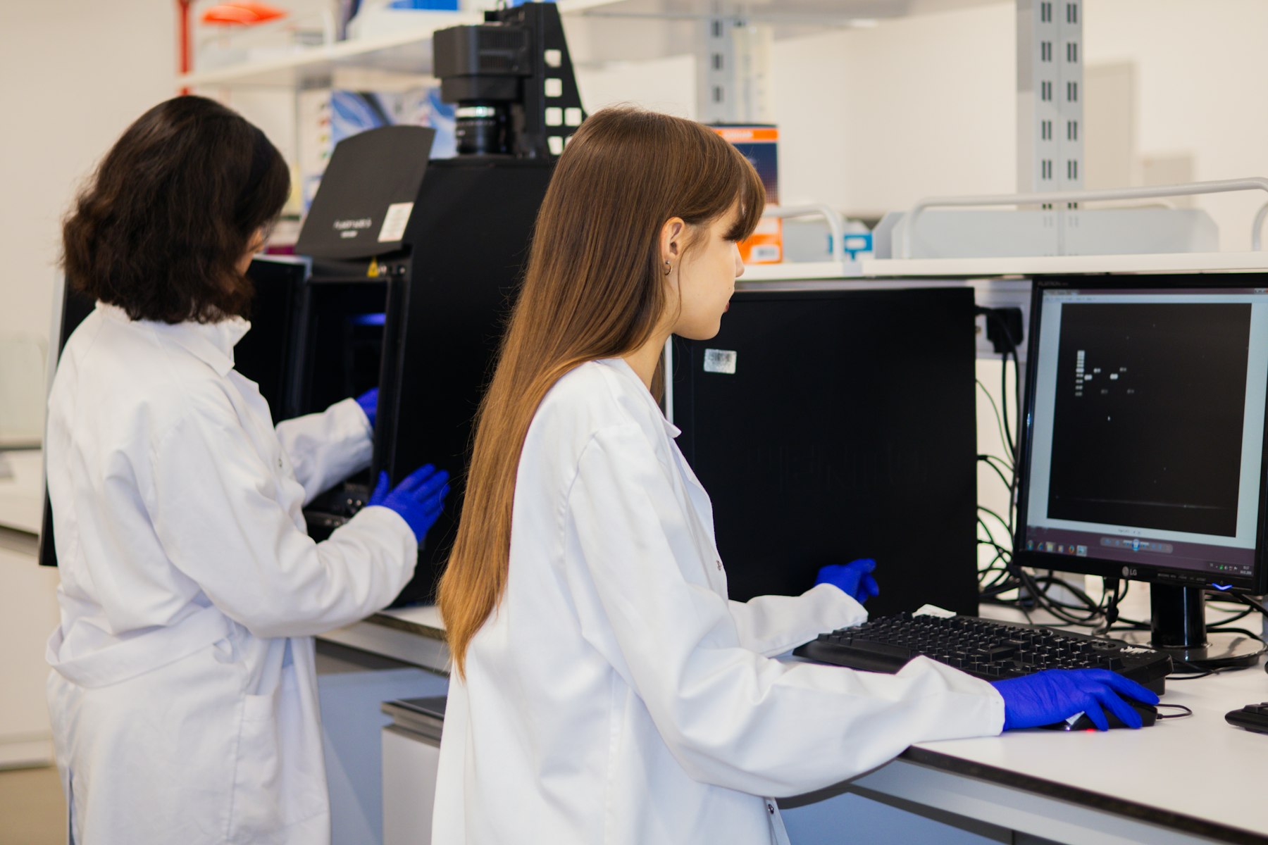 Researchers working at lab computers