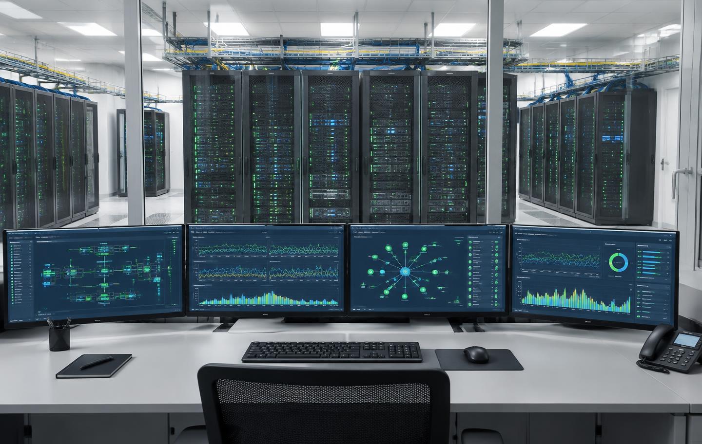 Server racks and infrastructure monitoring screens in an unoccupied operations room